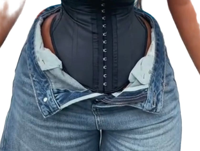 Elegant Black Latex Corset with 25-Bone Support – Slimming Waist Trainer Belt for Women, Adjustable Hook-and-Eye Closure, Polyester Lining, Cinching Belt for Sports & Fashion