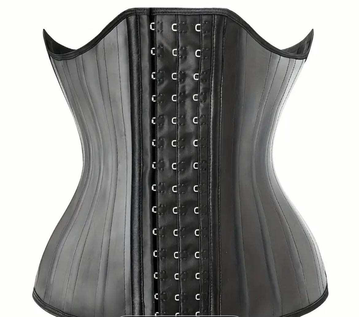 Elegant Black Latex Corset with 25-Bone Support – Slimming Waist Trainer Belt for Women, Adjustable Hook-and-Eye Closure, Polyester Lining, Cinching Belt for Sports & Fashion